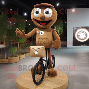 Brown Unicyclist mascot costume character dressed with a T-Shirt and Clutch bags