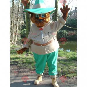 Bruine beer mascotte in ontdekkingsreiziger outfit -