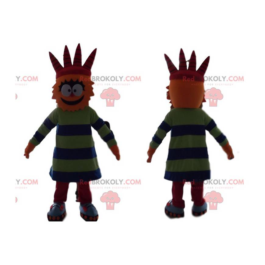 Funny orange character mascot with four peaks on the head -