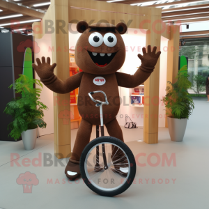 Brown Unicyclist mascot costume character dressed with a T-Shirt and Clutch bags