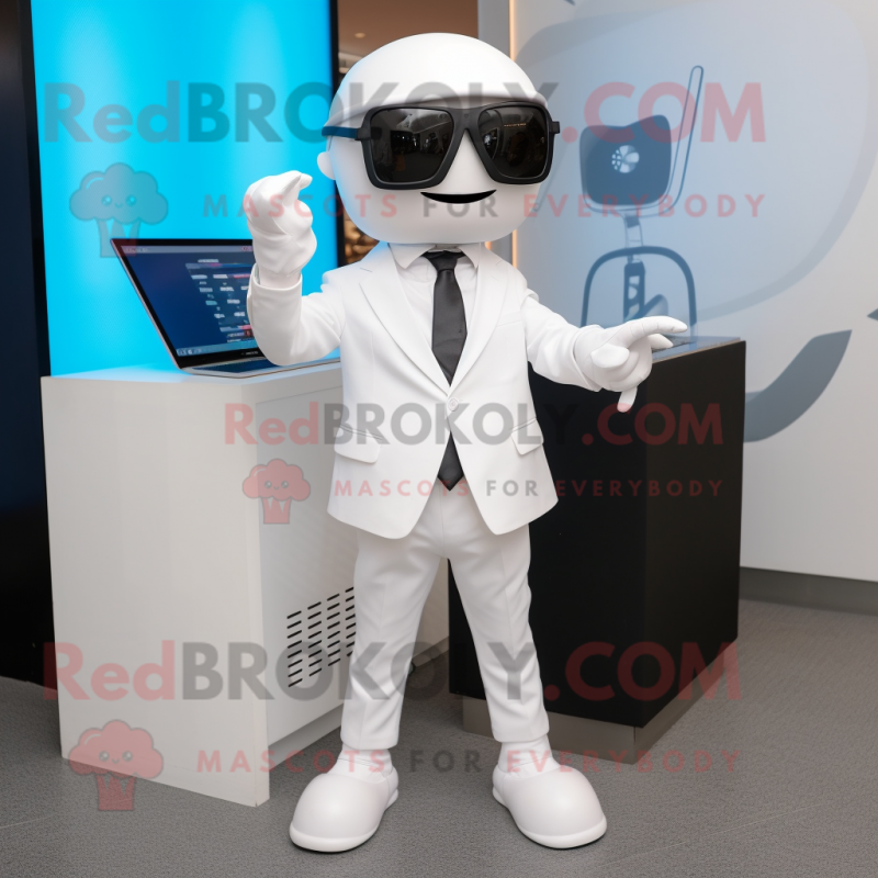 White Computer mascot costume character dressed with a Suit and Sunglasses