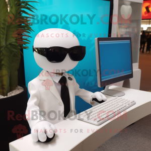 White Computer mascot costume character dressed with a Suit and Sunglasses