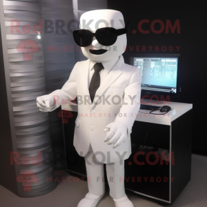 White Computer mascot costume character dressed with a Suit and Sunglasses