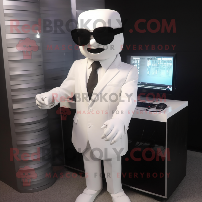 White Computer mascot costume character dressed with a Suit and Sunglasses White Computer mascot costume character dressed with a Suit and Sunglasses