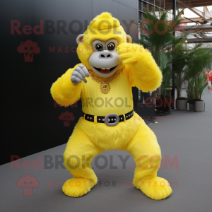 Lemon Yellow Gorilla mascot costume character dressed with a Jeggings and Necklaces