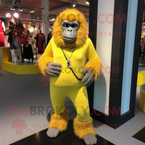 Lemon Yellow Gorilla mascot costume character dressed with a Jeggings and Necklaces