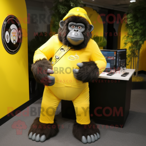 Lemon Yellow Gorilla mascot costume character dressed with a Jeggings and Necklaces