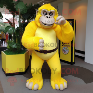 Lemon Yellow Gorilla mascot costume character dressed with a Jeggings and Necklaces