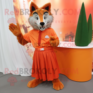 Orange Wolf mascot costume character dressed with a Pleated Skirt and Cufflinks