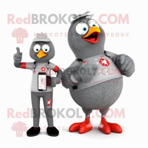 Gray Hens mascot costume character dressed with a T-Shirt and Smartwatches