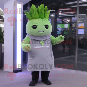 Gray Celery mascot costume character dressed with a Coat and Smartwatches