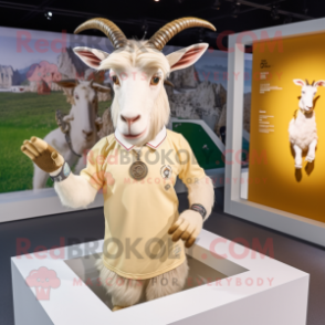 Beige Goat mascot costume character dressed with a Polo Tee and Necklaces
