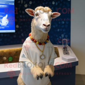 Beige Goat mascot costume character dressed with a Polo Tee and Necklaces