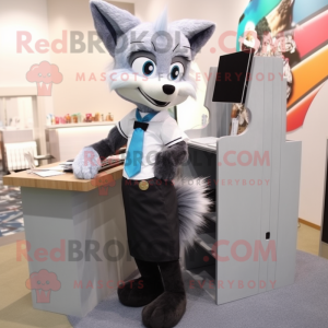 Silver Fox mascot costume character dressed with a Pencil Skirt and Scarf clips