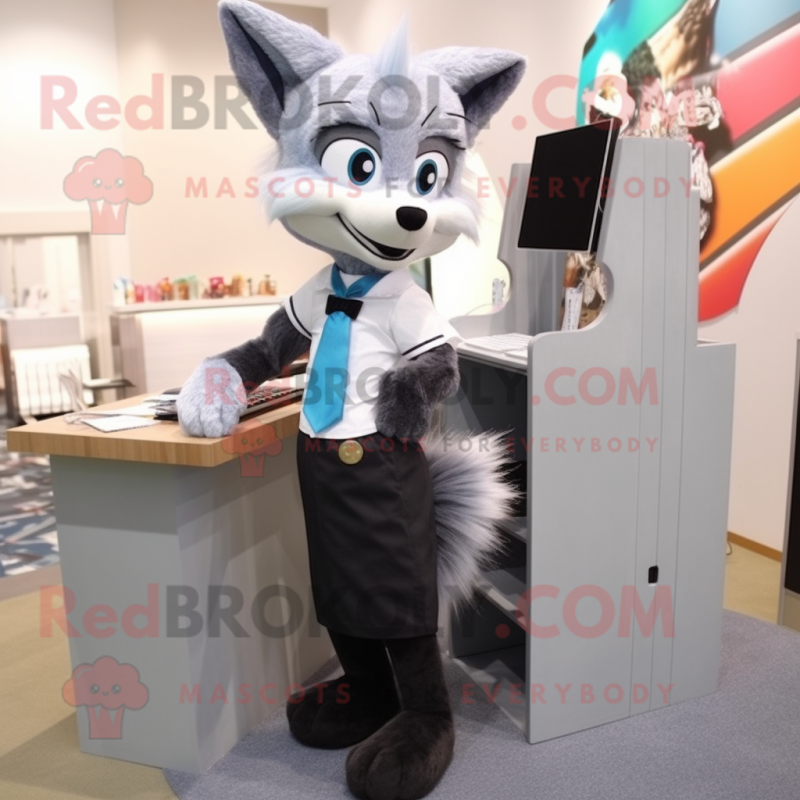 Silver Fox mascot costume character dressed with a Pencil Skirt and Scarf clips