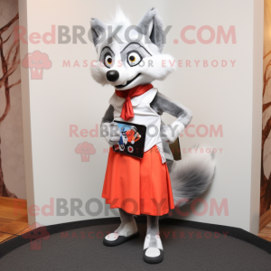 Silver Fox mascot costume character dressed with a Pencil Skirt and Scarf clips