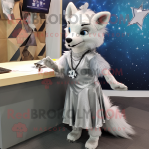 Silver Fox mascot costume character dressed with a Pencil Skirt and Scarf clips