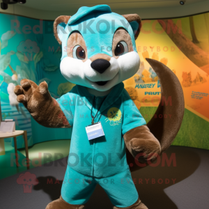 Turquoise Marten mascot costume character dressed with a Henley Shirt and Keychains