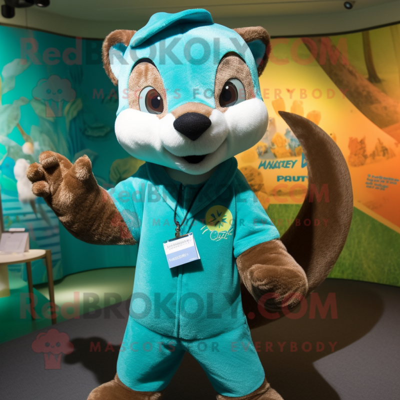 Turquoise Marten mascot costume character dressed with a Henley Shirt and Keychains Turquoise Marten mascot costume character dressed with a Henley Shirt and Keychains