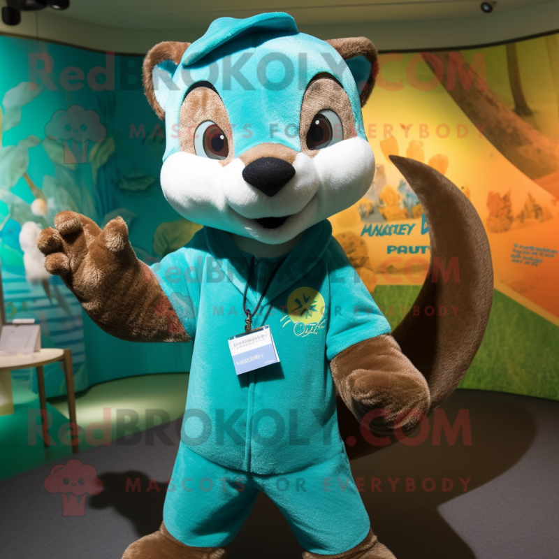 Turquoise Marten mascot costume character dressed with a Henley Shirt and Keychains