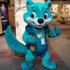 Turquoise Marten mascot costume character dressed with a Henley Shirt and Keychains