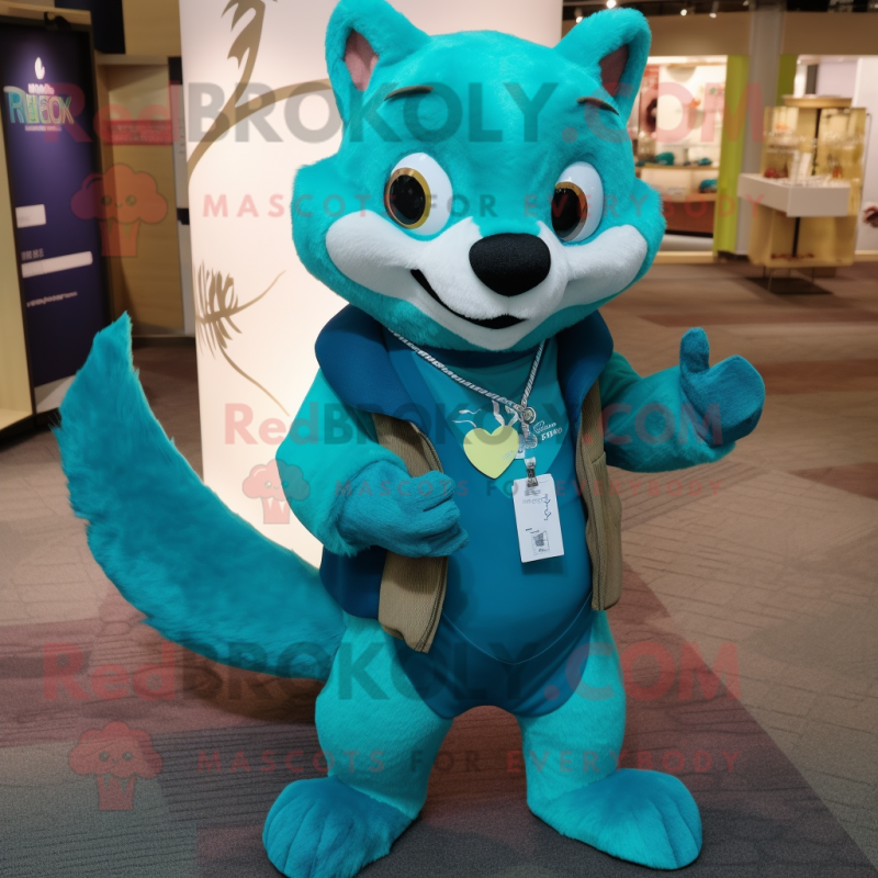 Turquoise Marten mascot costume character dressed with a Henley Shirt and Keychains Turquoise Marten mascot costume character dressed with a Henley Shirt and Keychains