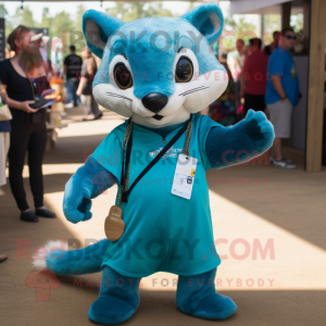 Turquoise Marten mascot costume character dressed with a Henley Shirt and Keychains