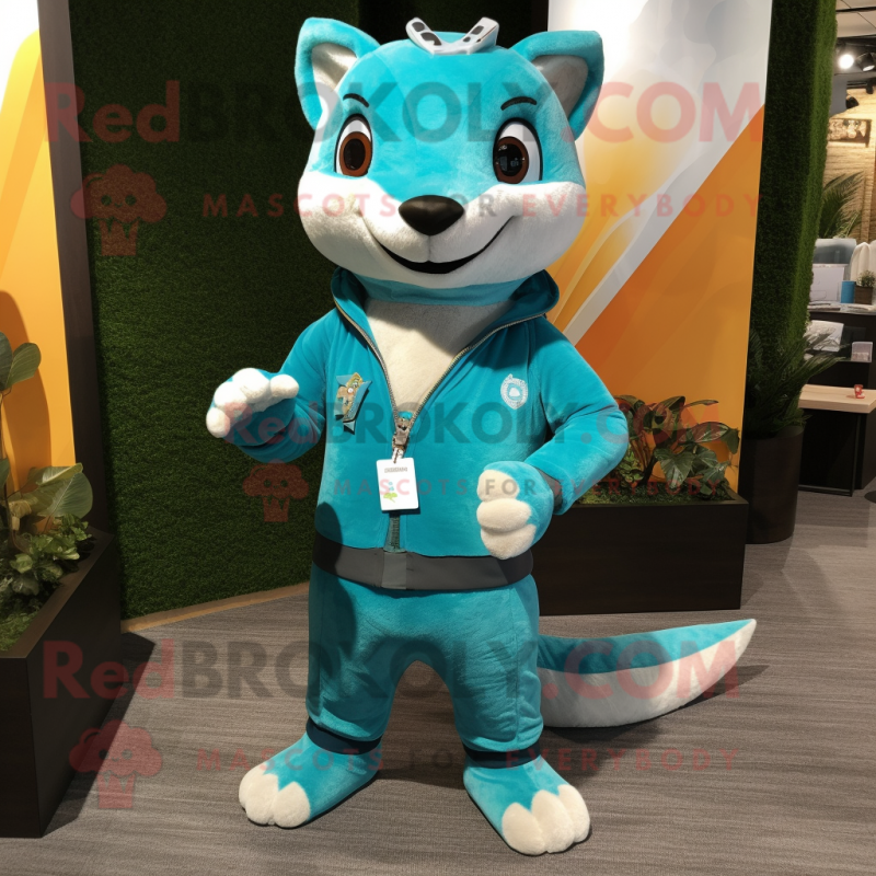 Turquoise Marten mascot costume character dressed with a Henley Shirt and Keychains