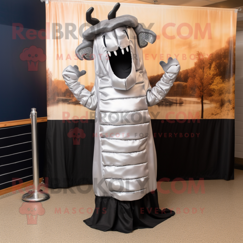 Silver Bbq Ribs mascot costume character dressed with a Evening Gown and Tie pins