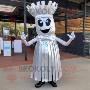 Silver Bbq Ribs mascot costume character dressed with a Evening Gown and Tie pins