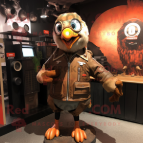 Rust Turkey mascot costume character dressed with a Bomber Jacket and Cufflinks