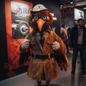Rust Turkey mascot costume character dressed with a Bomber Jacket and Cufflinks
