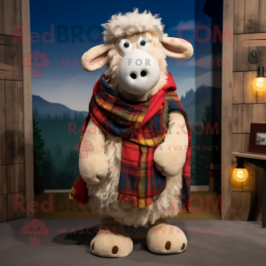 Cream Merino Sheep mascot costume character dressed with a Flannel Shirt and Scarves