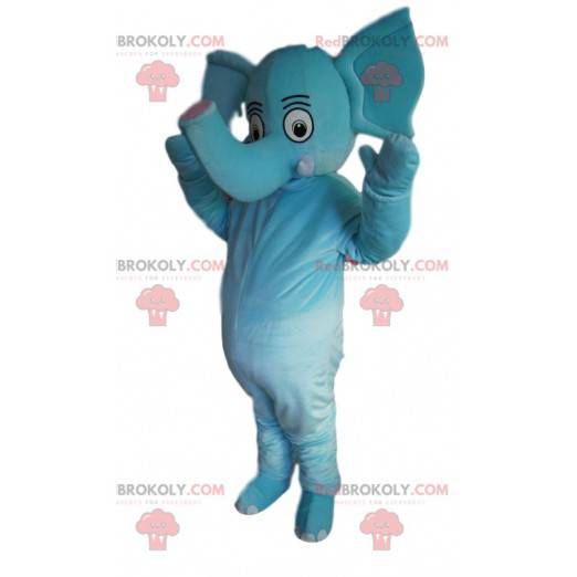 Blå elefantmaskot med en pen koffert - Redbrokoly.com