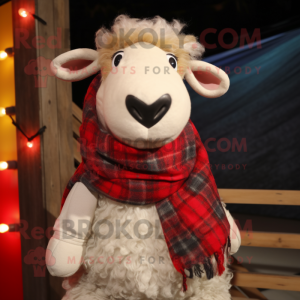 Cream Merino Sheep mascot costume character dressed with a Flannel Shirt and Scarves