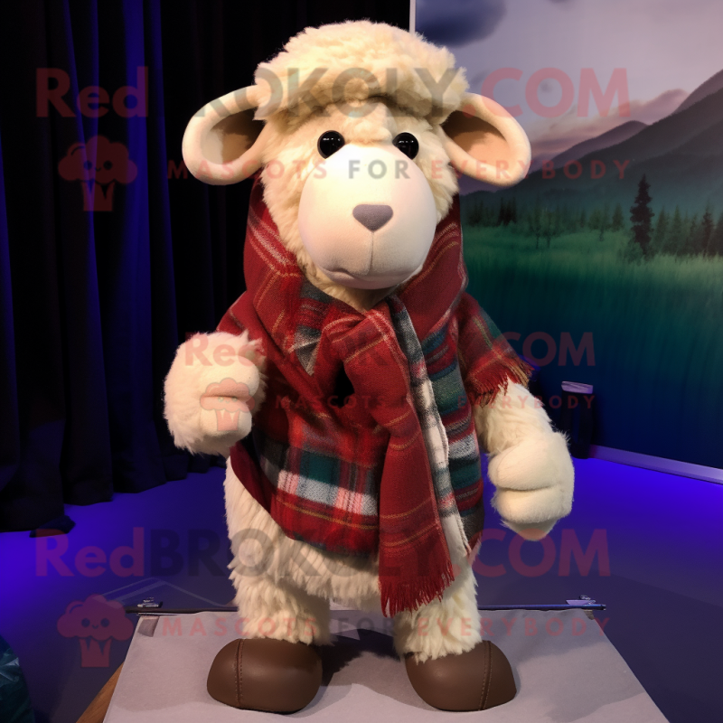 Cream Merino Sheep mascot costume character dressed with a Flannel Shirt and Scarves Cream Merino Sheep mascot costume character dressed with a Flannel Shirt and Scarves