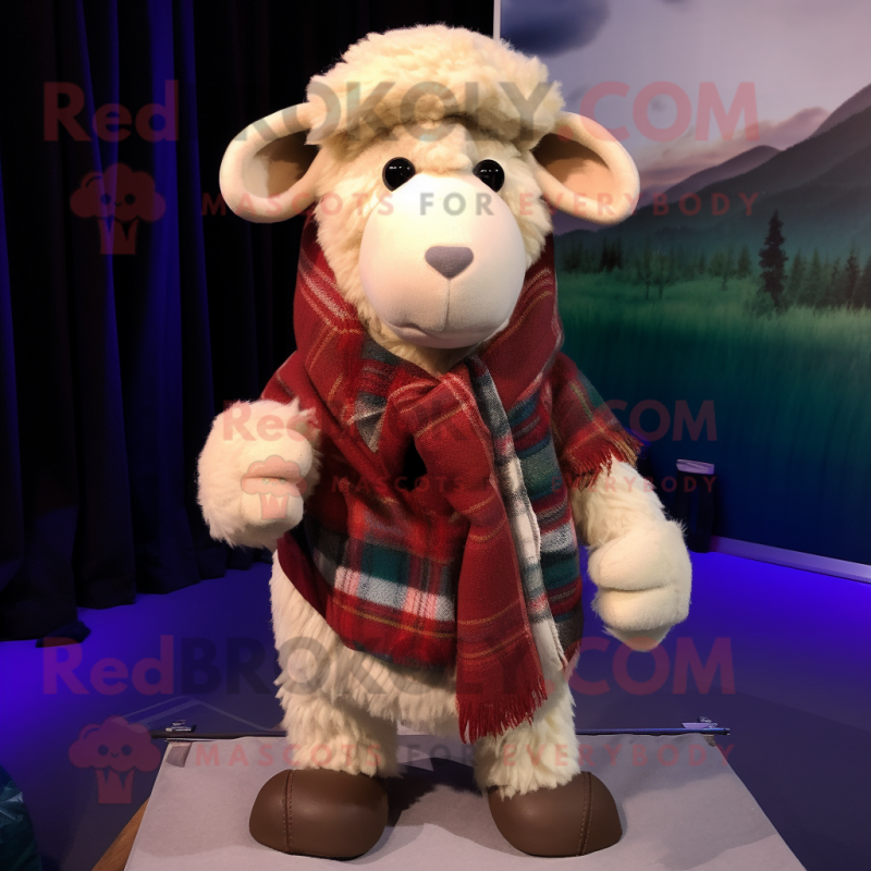 Cream Merino Sheep mascot costume character dressed with a Flannel Shirt and Scarves