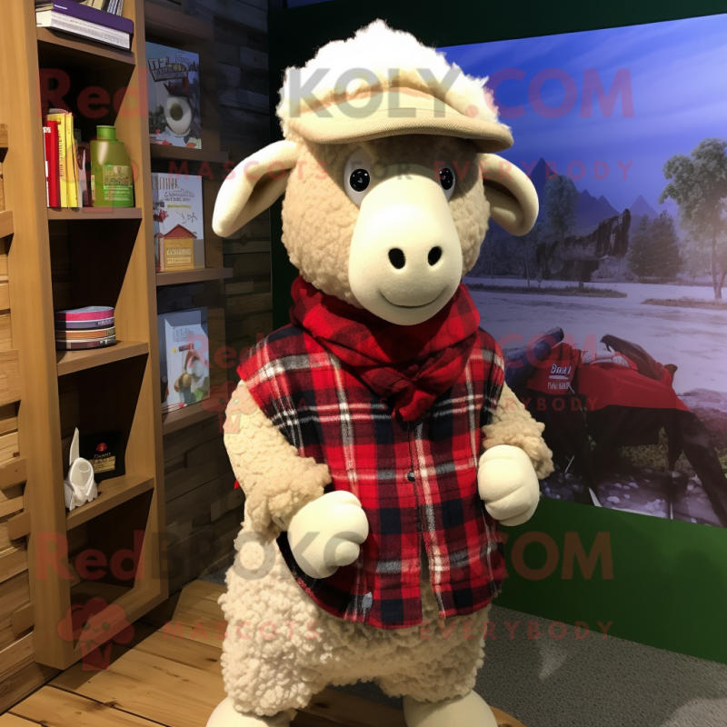 Cream Merino Sheep mascot costume character dressed with a Flannel Shirt and Scarves