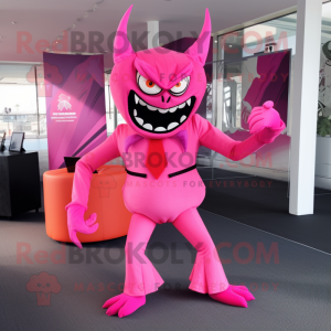 Pink Demon mascot costume character dressed with a Suit Pants and Wraps