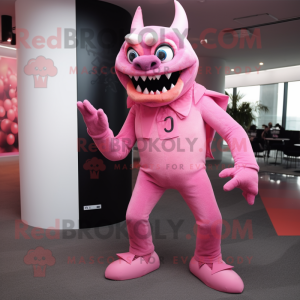 Pink Demon mascot costume character dressed with a Suit Pants and Wraps