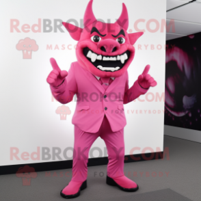 Pink Demon mascot costume character dressed with a Suit Pants and Wraps