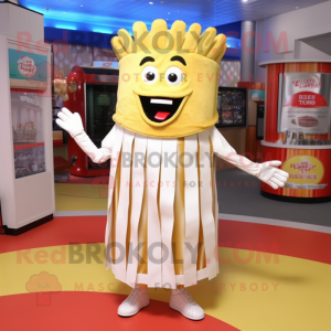 Cream French Fries mascot costume character dressed with a Circle Skirt and Tie pins