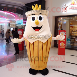 Cream French Fries mascot costume character dressed with a Circle Skirt and Tie pins
