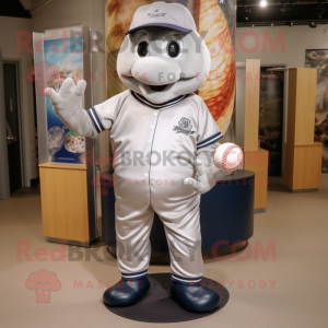 Silver Baseball Ball mascot costume character dressed with a Bootcut Jeans and Foot pads