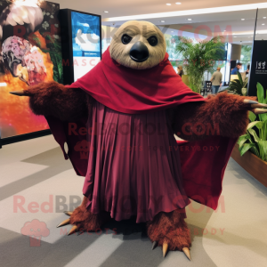 Maroon Giant Sloth mascot costume character dressed with a A-Line Skirt and Shawls