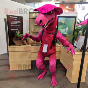 Magenta Parasaurolophus mascot costume character dressed with a Bermuda Shorts and Necklaces