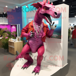 Magenta Parasaurolophus mascot costume character dressed with a Bermuda Shorts and Necklaces