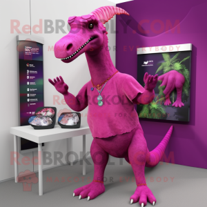 Magenta Parasaurolophus mascot costume character dressed with a Bermuda Shorts and Necklaces