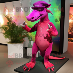Magenta Parasaurolophus mascot costume character dressed with a Bermuda Shorts and Necklaces