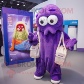 Purple Fried Calamari mascot costume character dressed with a Hoodie and Handbags